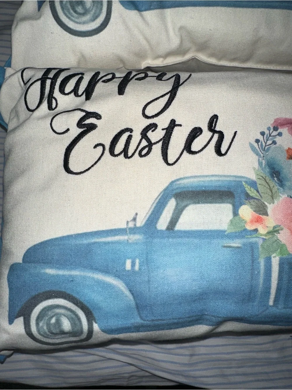 Happy Easter Blue Floral Truck Decorative Pillow Cover - Set of 2